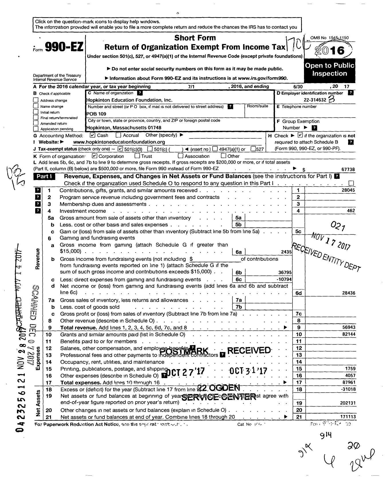 Image of first page of 2016 Form 990EZ for Hopkinton Education Foundation