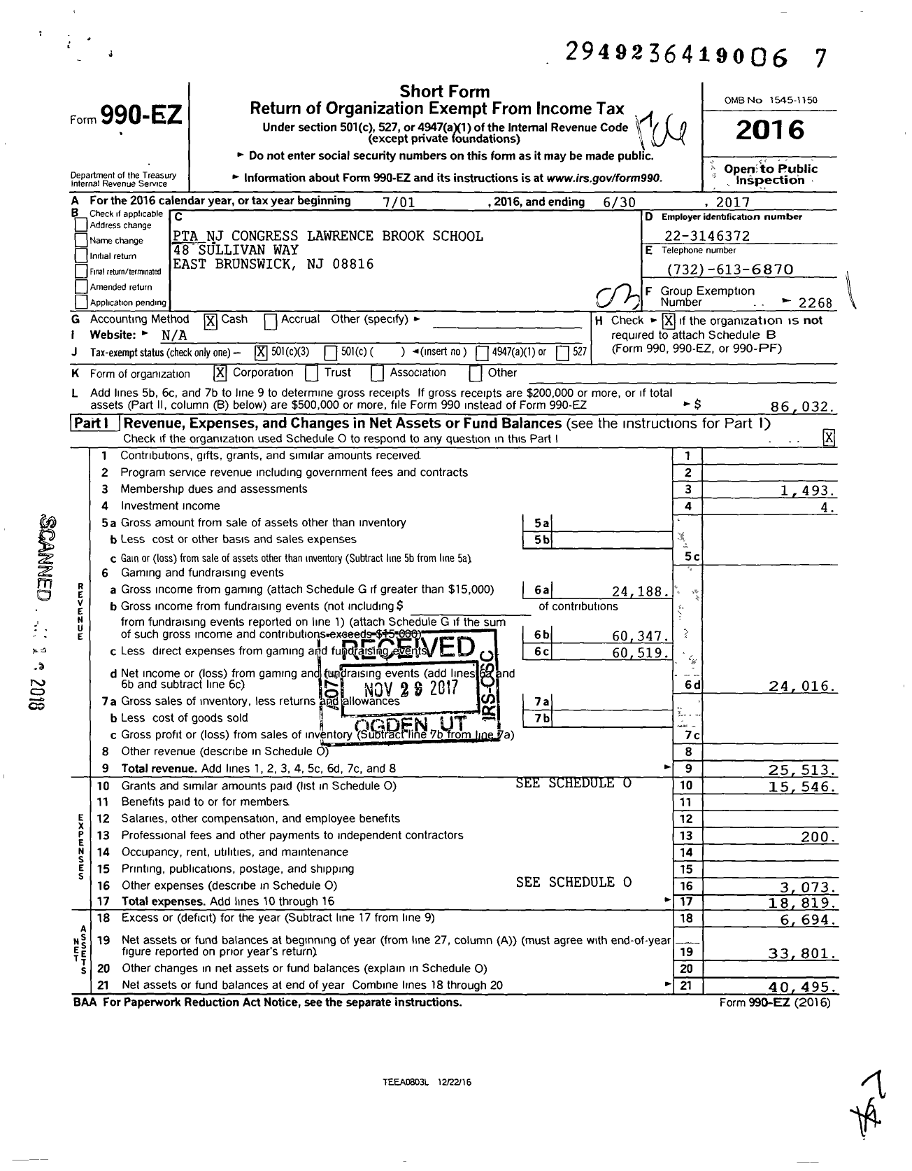 Image of first page of 2016 Form 990EZ for New Jersey PTA - 23914 Lawrence Brook School PTA