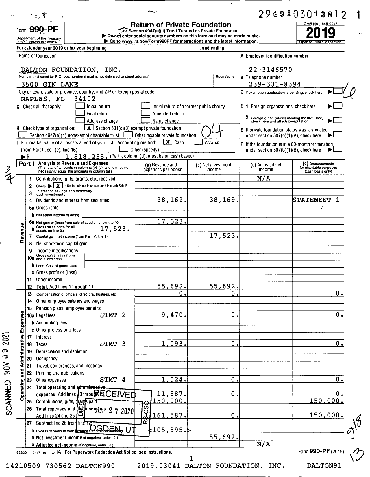 Image of first page of 2019 Form 990PF for Dalton Foundation