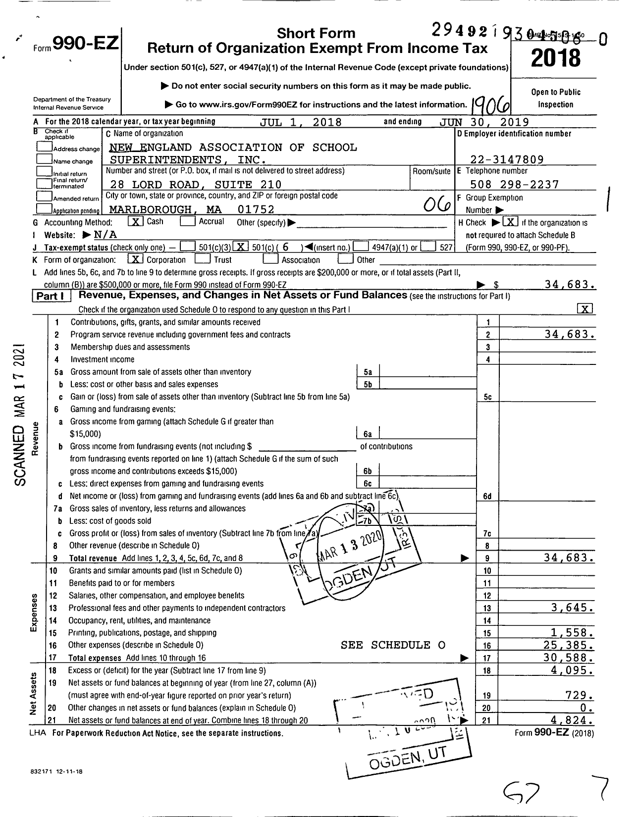 Image of first page of 2018 Form 990EO for New England Association of School Superintendents