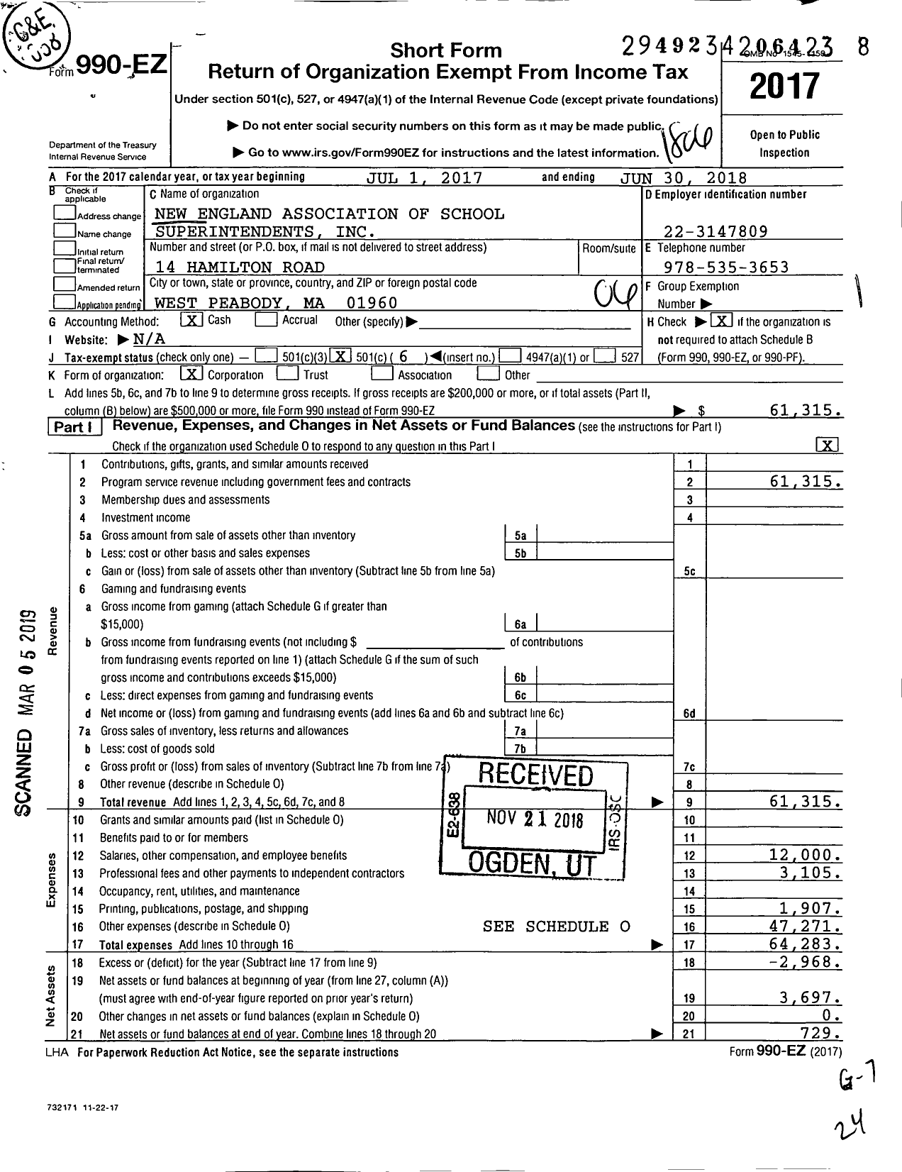 Image of first page of 2017 Form 990EO for New England Association of School Superintendents