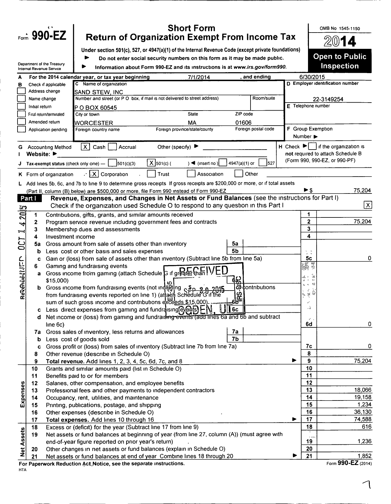 Image of first page of 2014 Form 990EO for Sand Stew