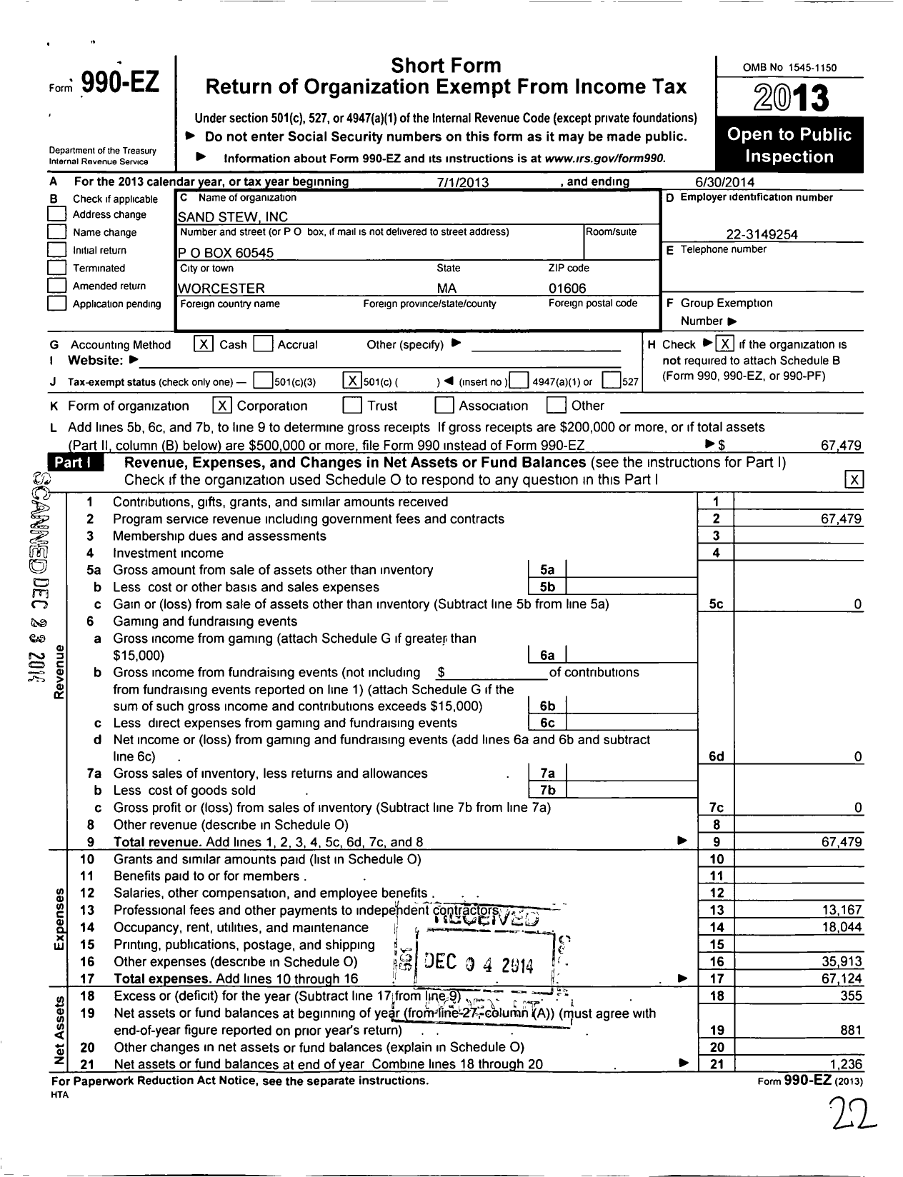 Image of first page of 2013 Form 990EO for Sand Stew