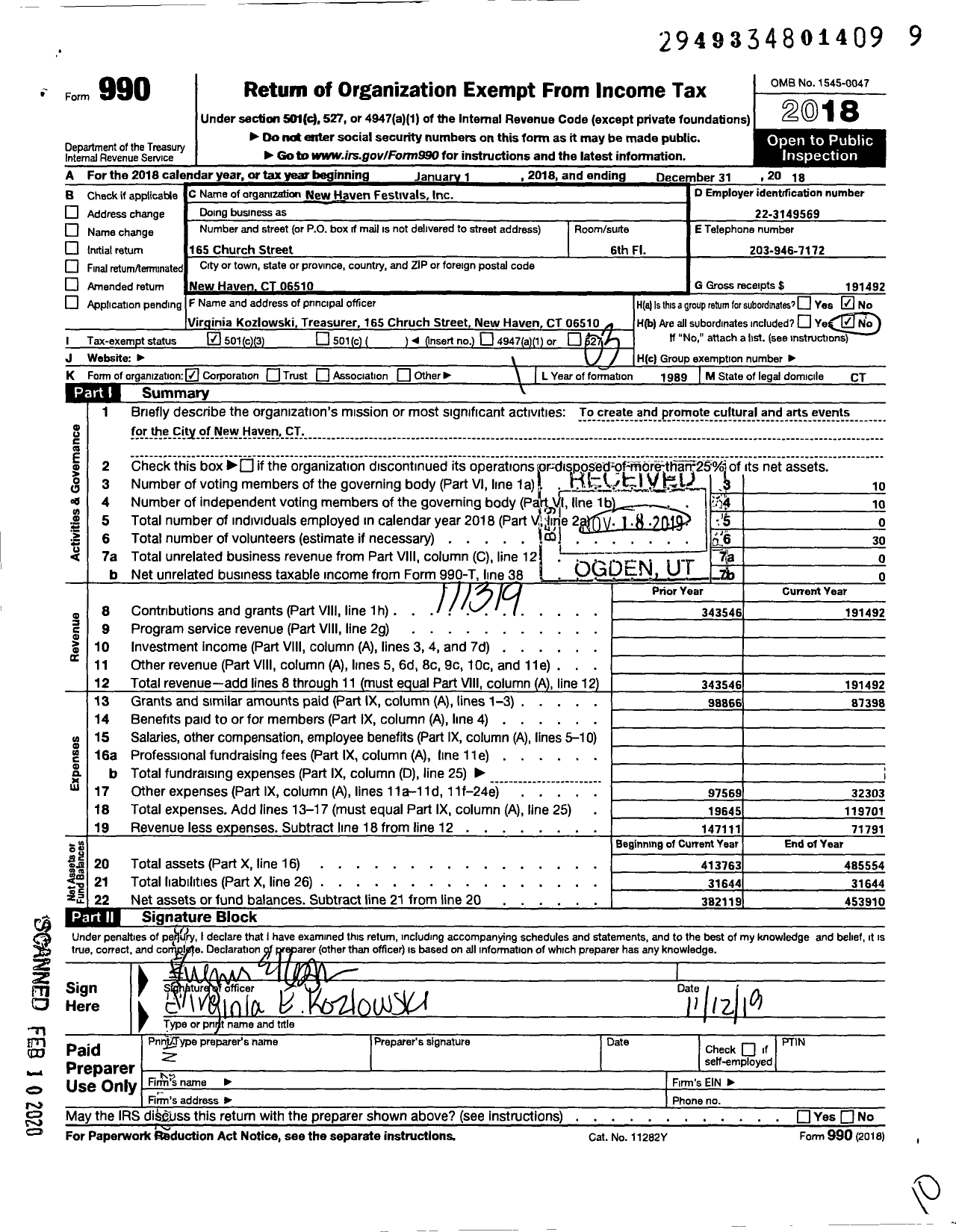 Image of first page of 2018 Form 990 for New Haven Festivals