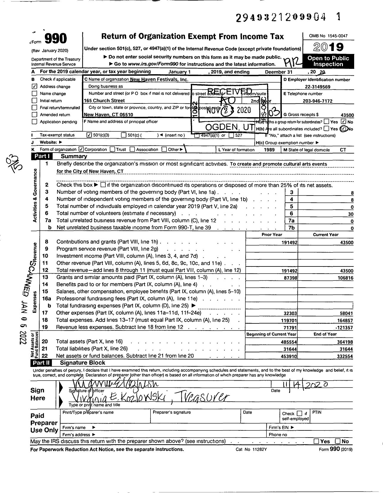 Image of first page of 2019 Form 990 for New Haven Festivals