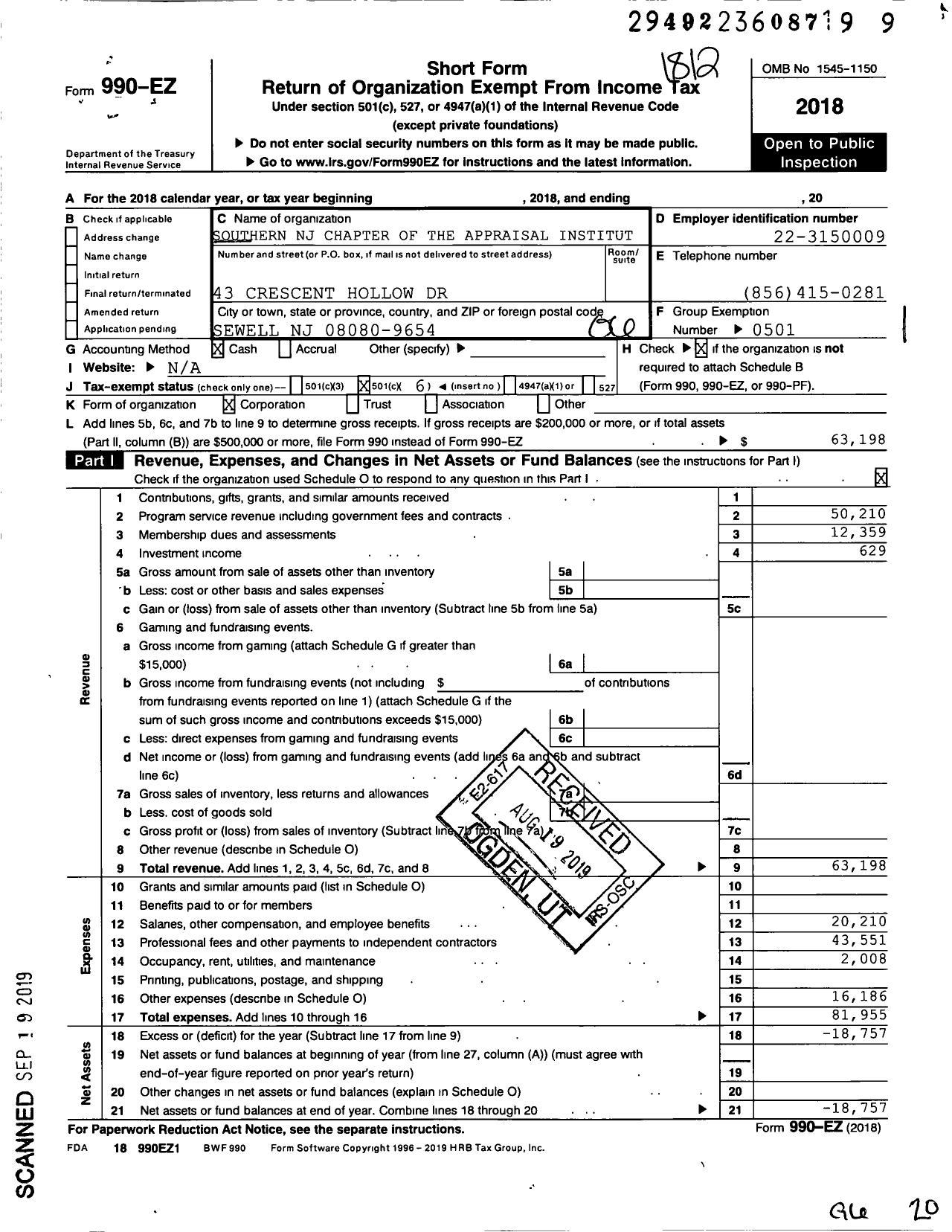 Image of first page of 2018 Form 990EO for Southern New Jersey Chapter Of The Appraisal Institute