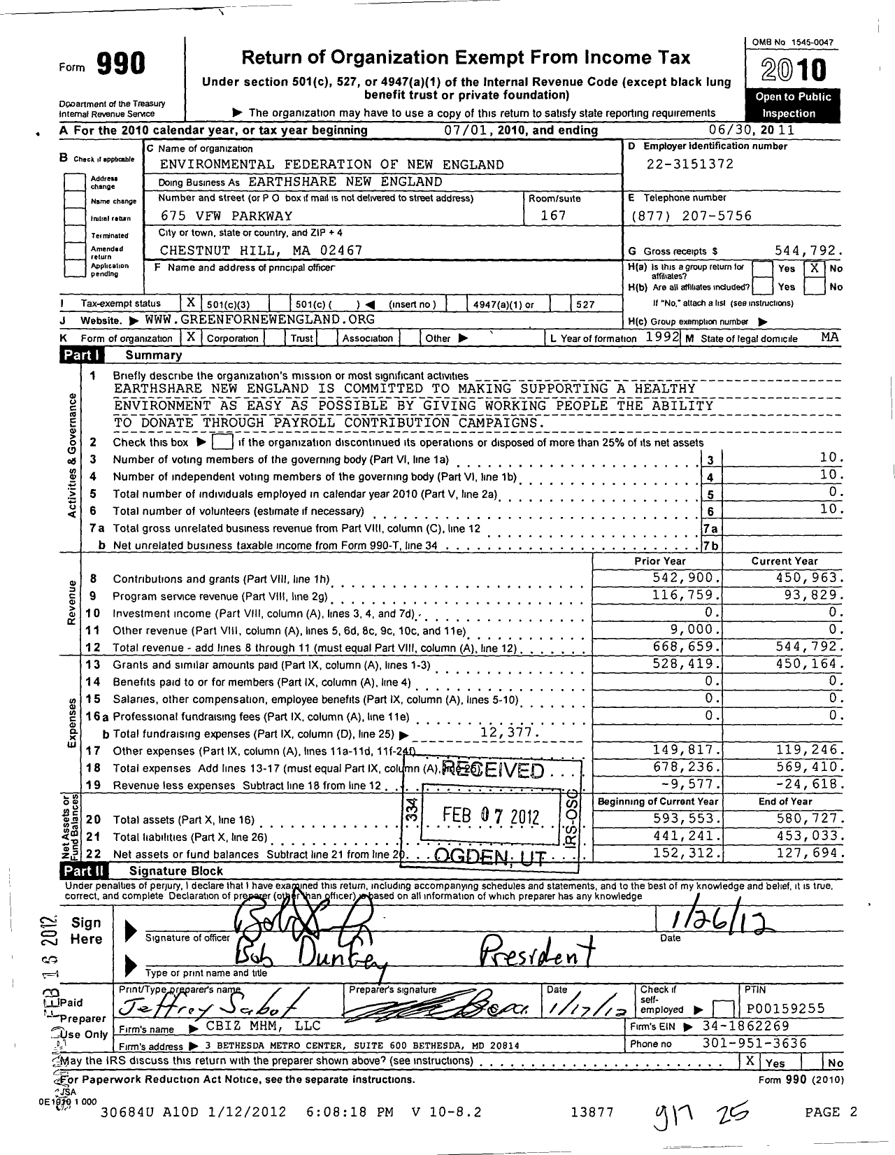 Image of first page of 2010 Form 990 for Environmental Federation of New England