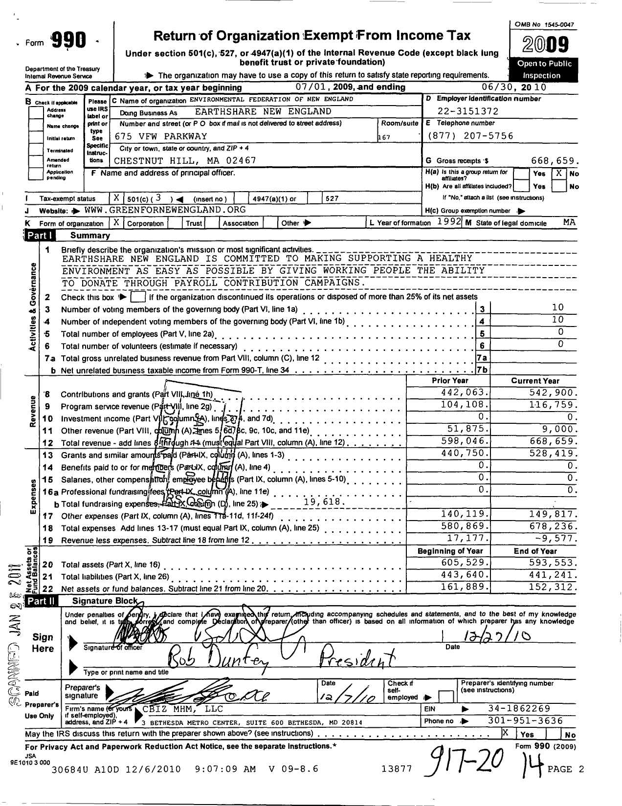 Image of first page of 2009 Form 990 for Environmental Federation of New England