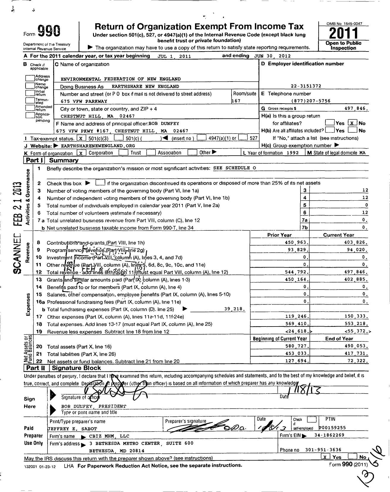 Image of first page of 2011 Form 990 for Environmental Federation of New England