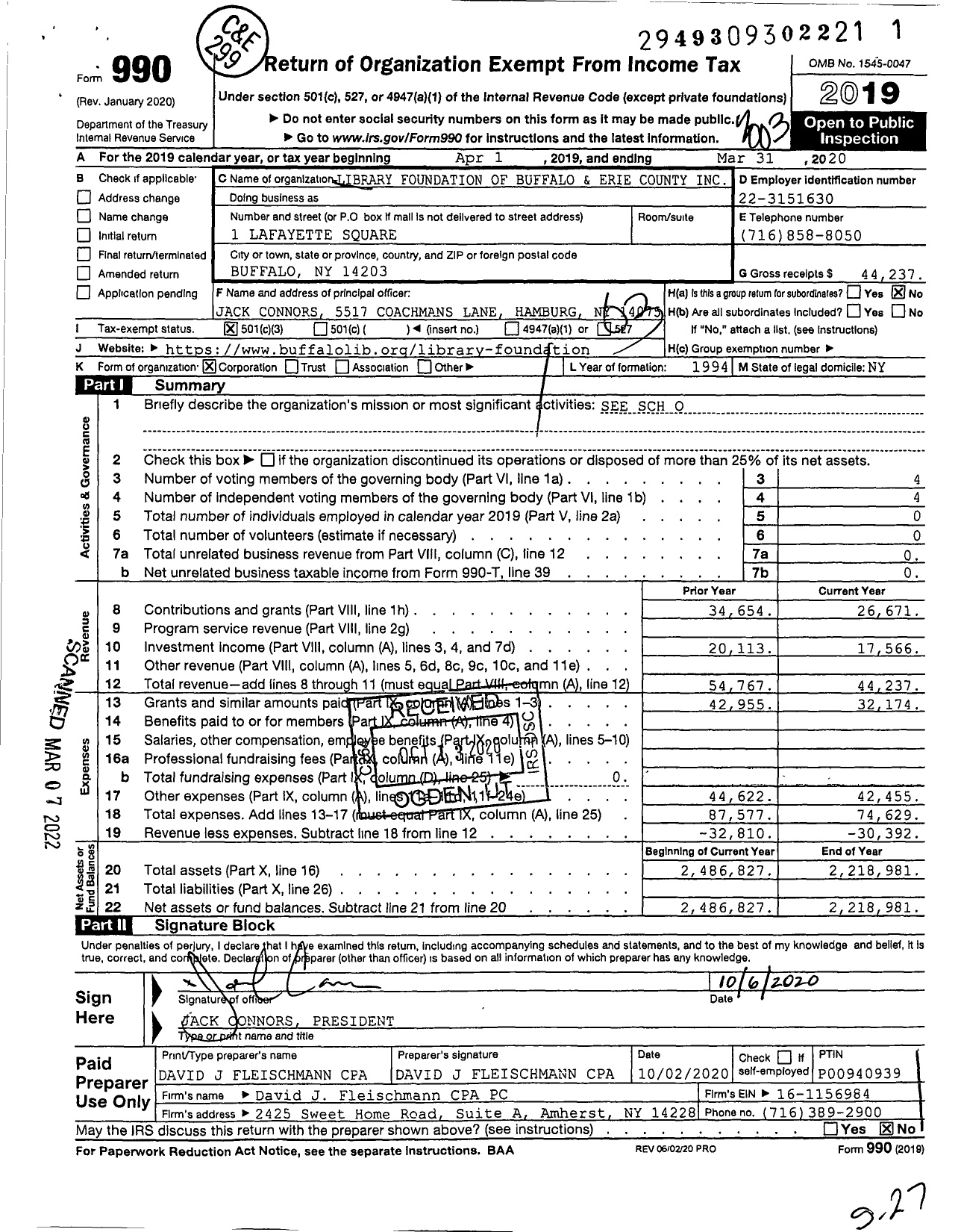 Image of first page of 2019 Form 990 for Library Foundation of Buffalo and Erie County