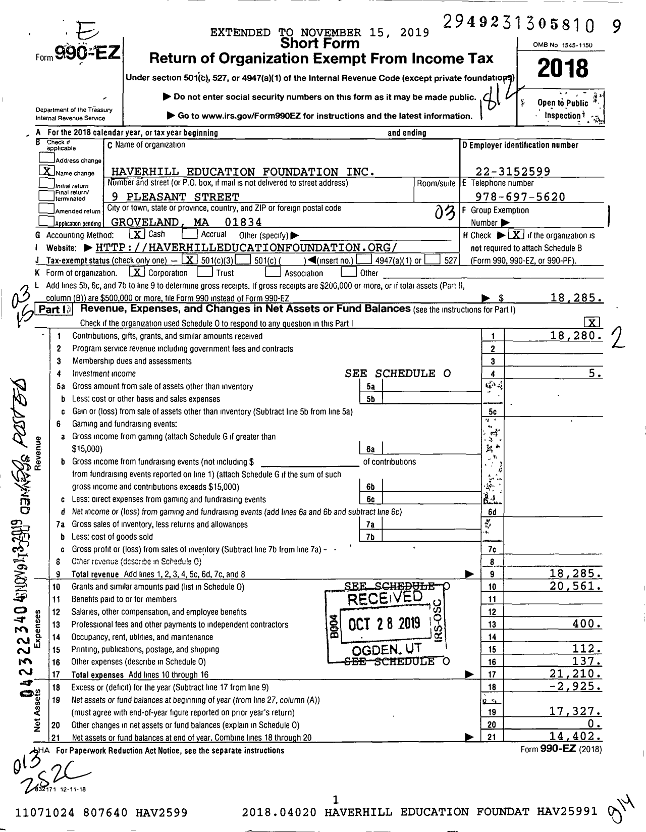 Image of first page of 2018 Form 990EZ for Haverhill Education Foundation