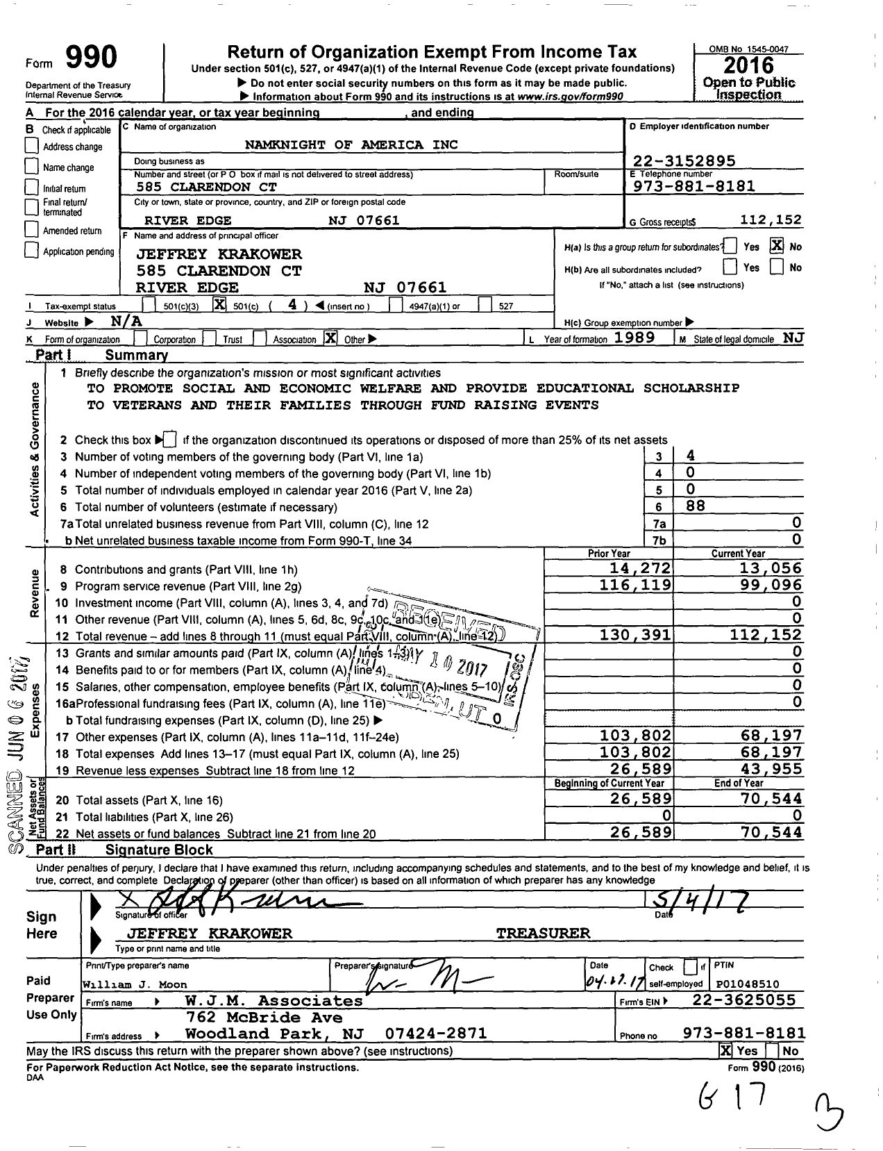 Image of first page of 2016 Form 990O for Namknight Knights Motorcycle Club