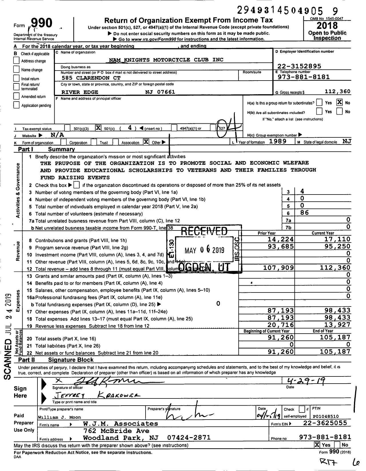 Image of first page of 2018 Form 990O for Namknight Knights Motorcycle Club