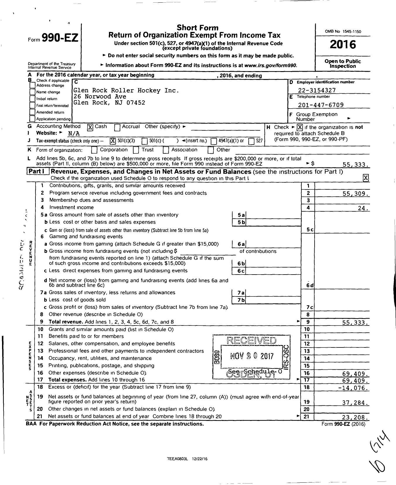 Image of first page of 2016 Form 990EZ for Glen Rock Roller Hockey