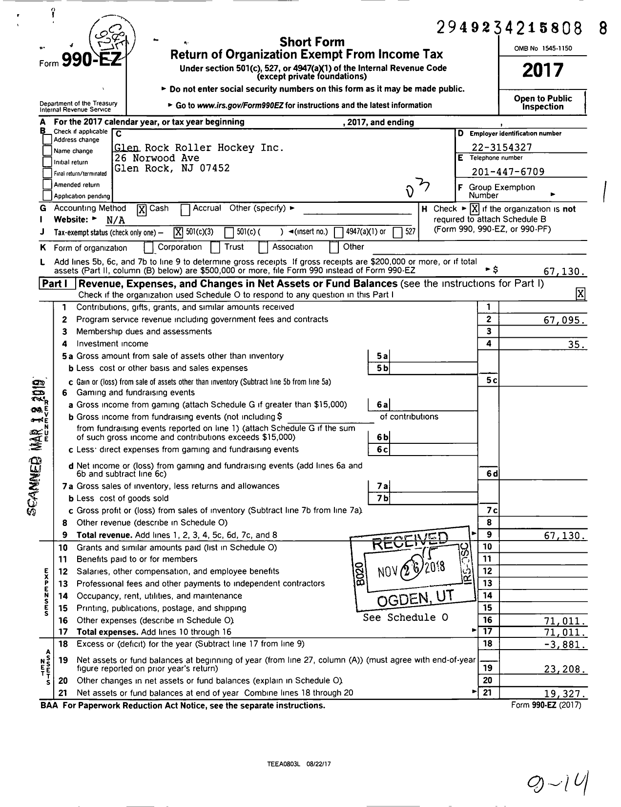 Image of first page of 2017 Form 990EZ for Glen Rock Roller Hockey