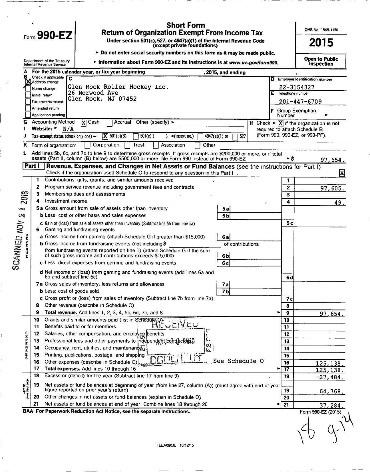 Image of first page of 2015 Form 990EZ for Glen Rock Roller Hockey