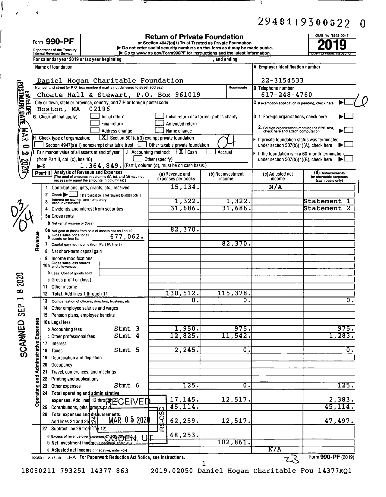 Image of first page of 2019 Form 990PR for Daniel Hogan Charitable Foundation