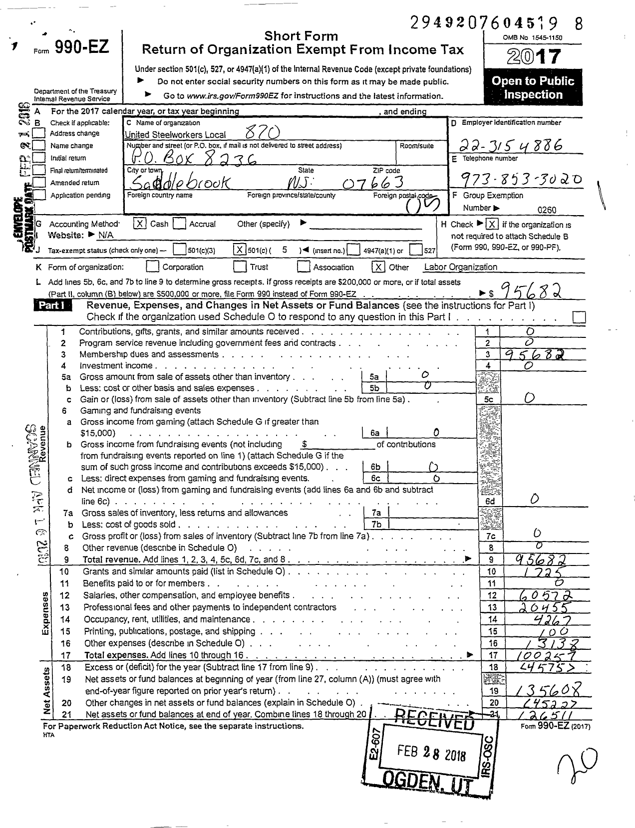 Image of first page of 2017 Form 990EO for United Steelworkers - 00870 Local