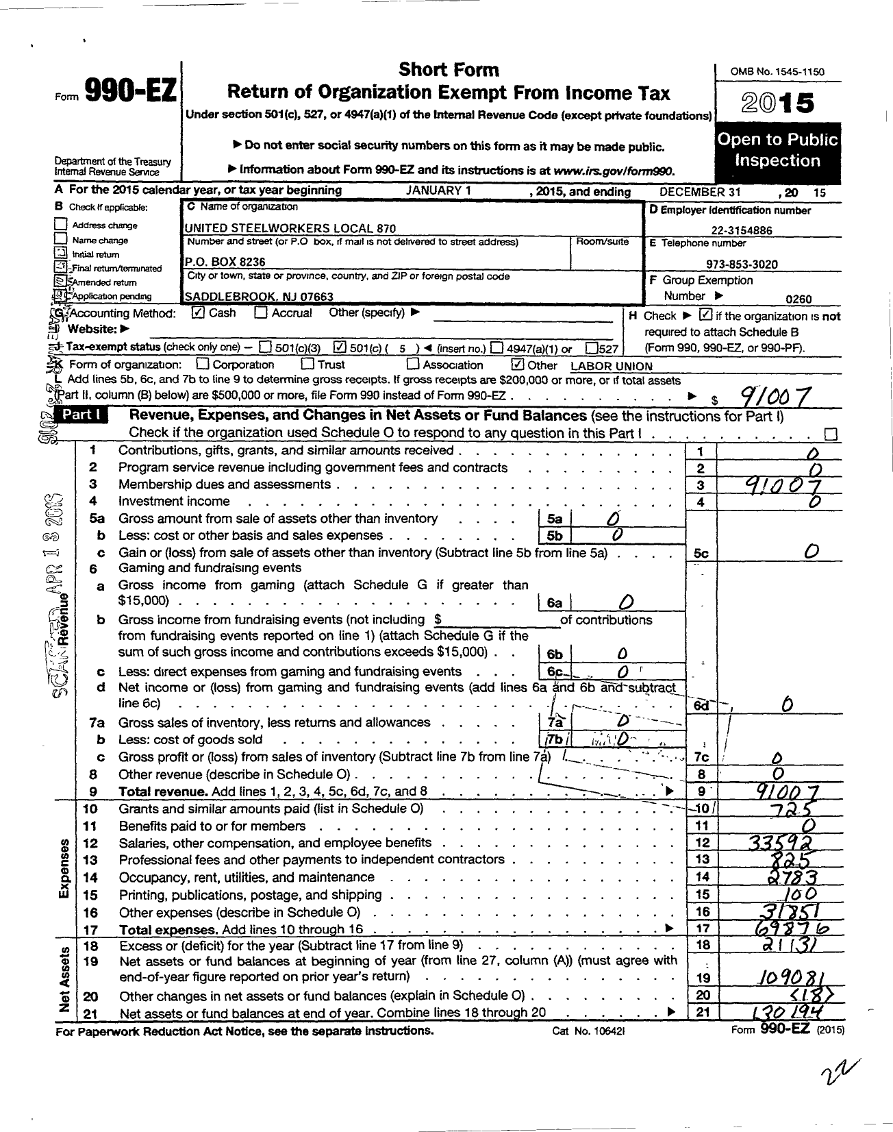 Image of first page of 2015 Form 990EO for United Steelworkers - 00870 Local