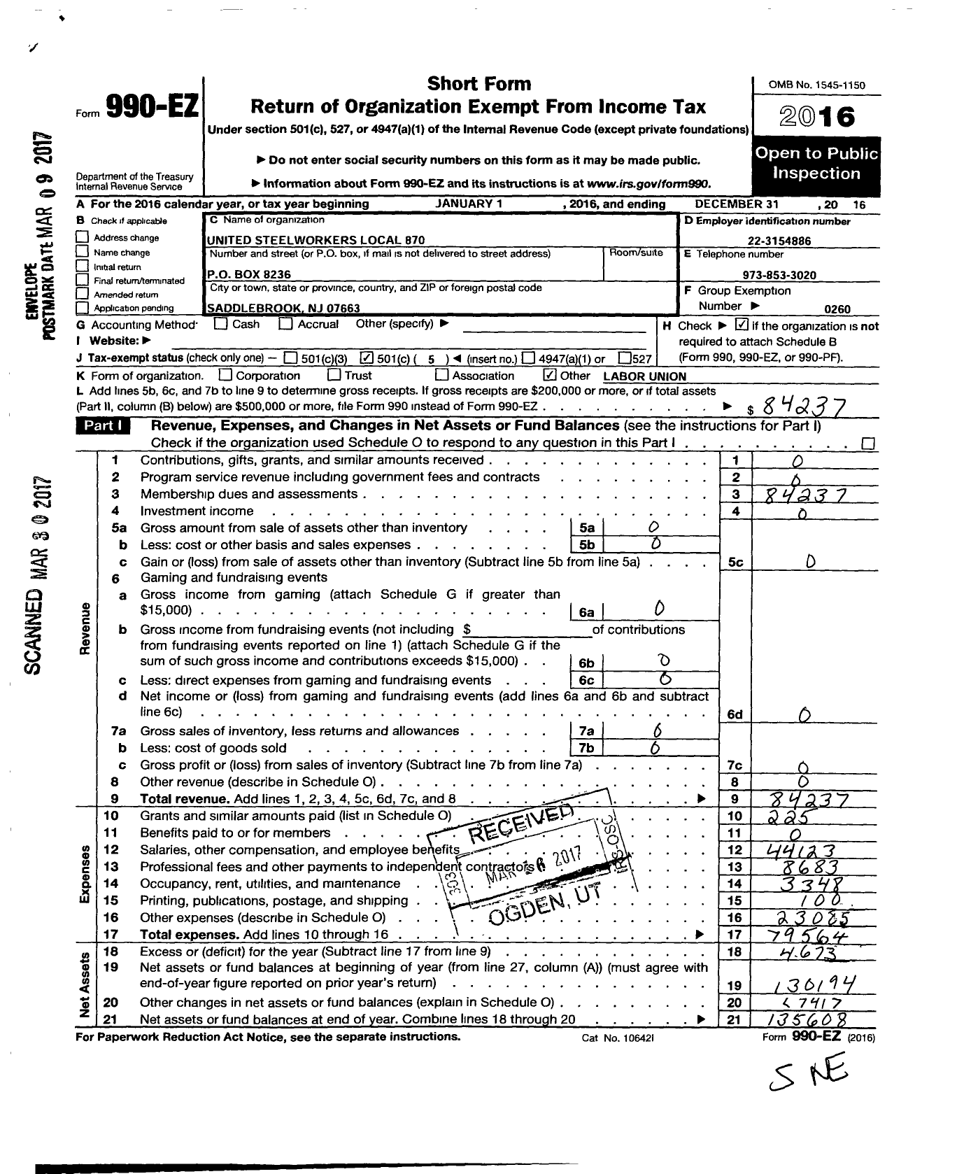 Image of first page of 2016 Form 990EO for United Steelworkers - 00870 Local