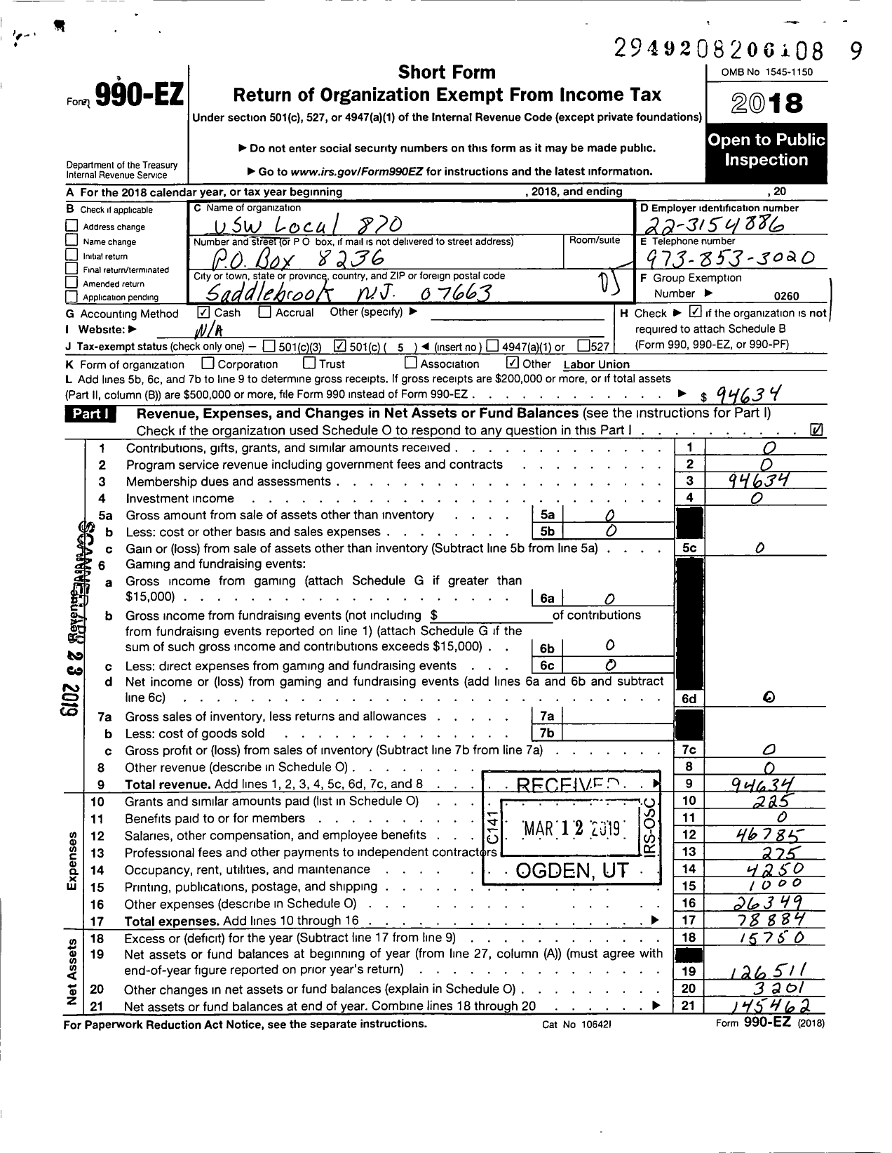 Image of first page of 2018 Form 990EO for United Steelworkers - 00870 Local