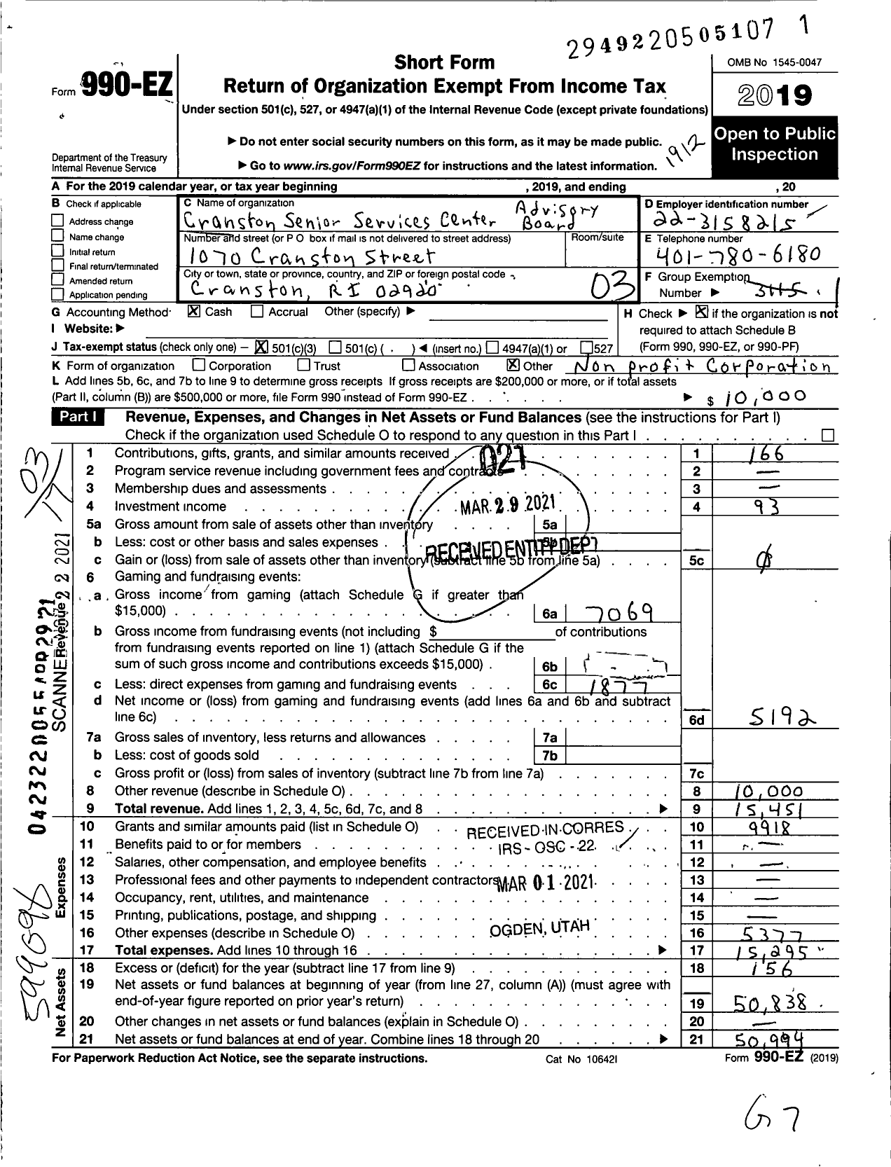 Image of first page of 2019 Form 990EZ for Cranston Senior Services Center Advisory Board