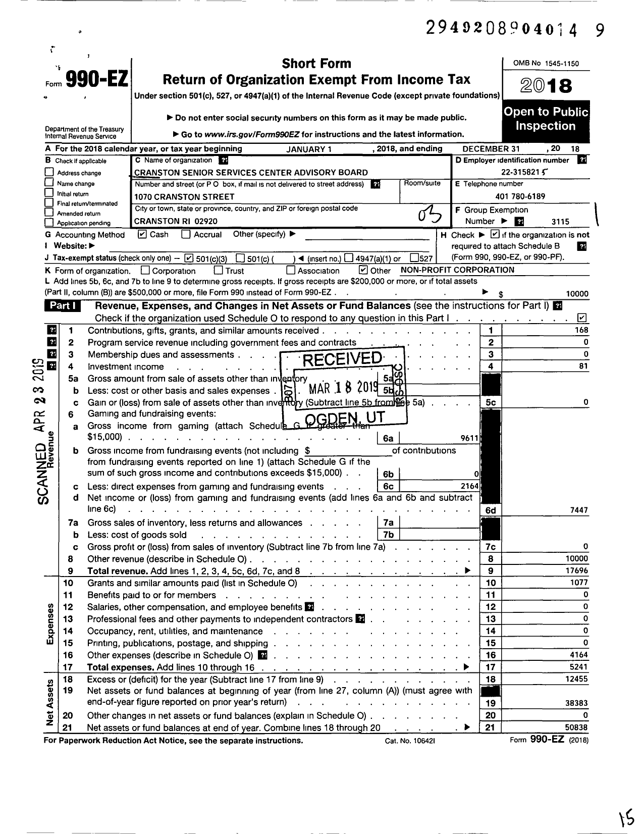 Image of first page of 2018 Form 990EZ for Cranston Senior Services Center Advisory Board