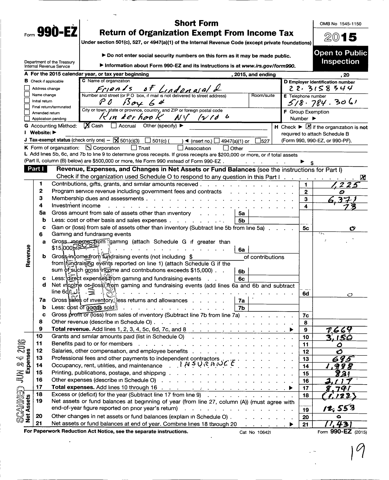 Image of first page of 2015 Form 990EZ for Friends of Lindenwald