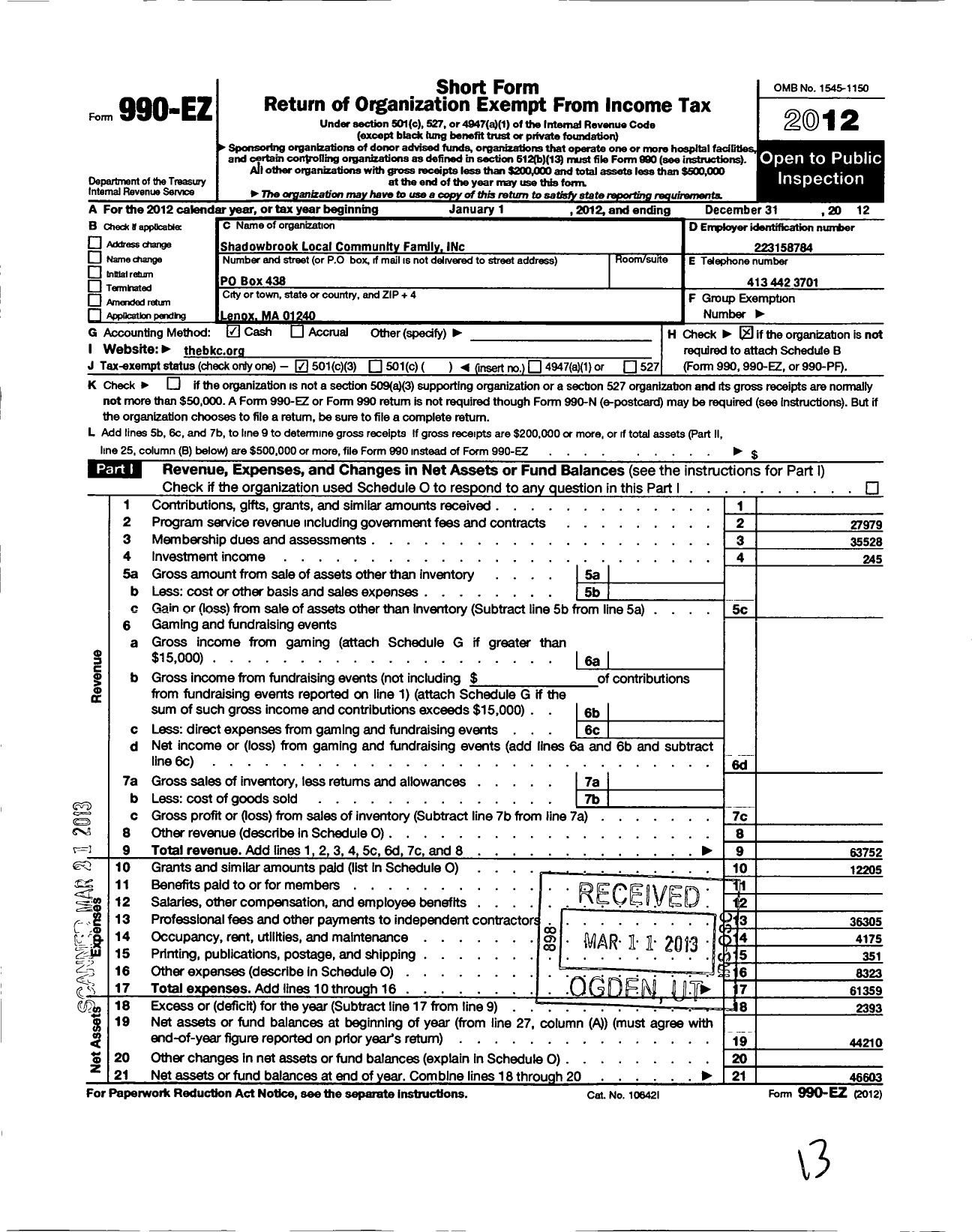 Image of first page of 2012 Form 990EZ for Shadowbrook Local Community Family