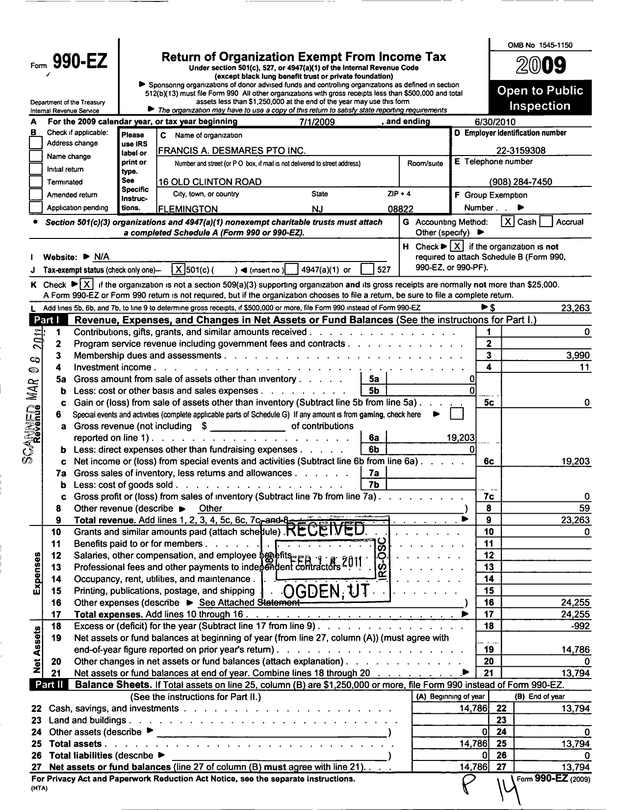 Image of first page of 2009 Form 990EO for Francis A Desmares Parent Teachers Organization