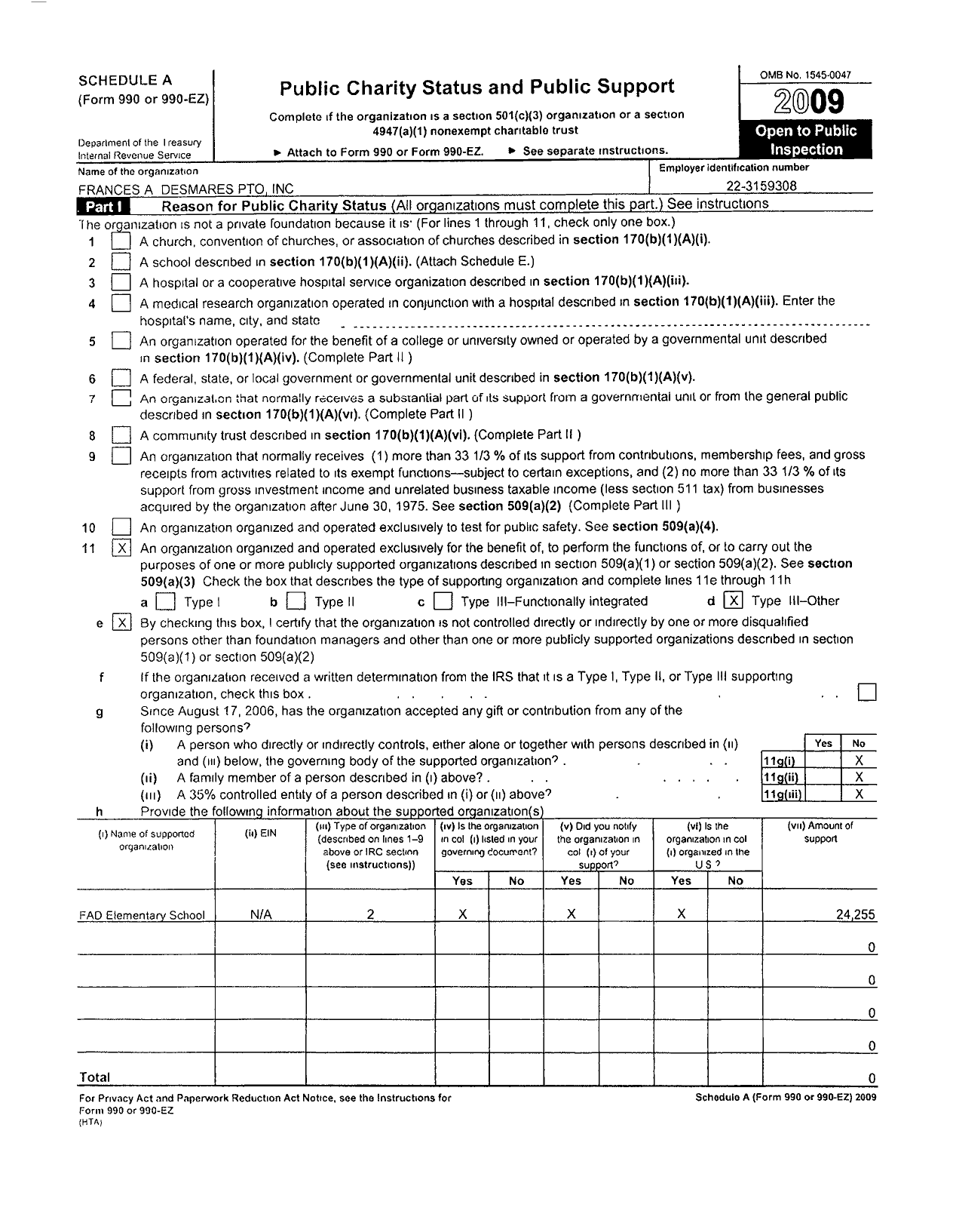 Image of first page of 2009 Form 990ER for Francis A Desmares Parent Teachers Organization