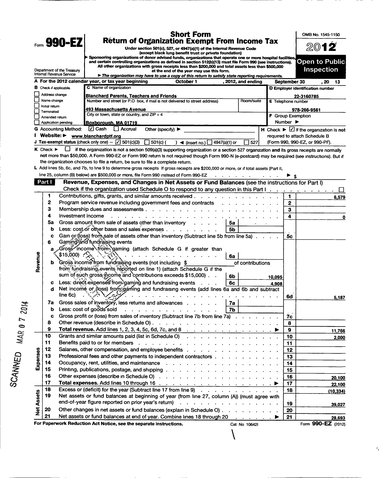 Image of first page of 2012 Form 990EZ for Blanchard Parents Teachers and Friends