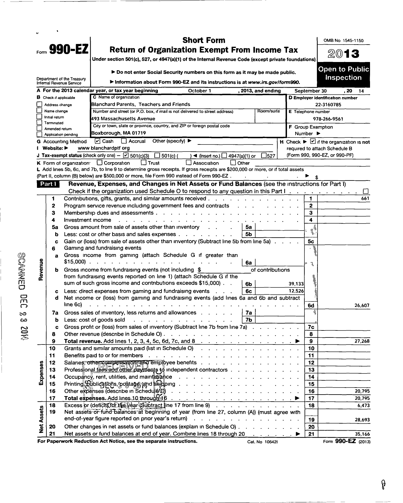 Image of first page of 2013 Form 990EZ for Blanchard Parents Teachers and Friends