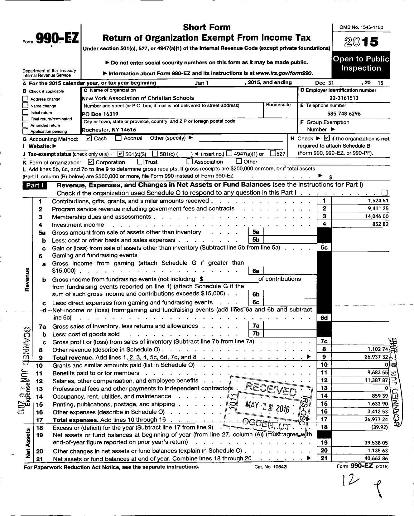 Image of first page of 2015 Form 990EZ for New York Association of Christian Schools