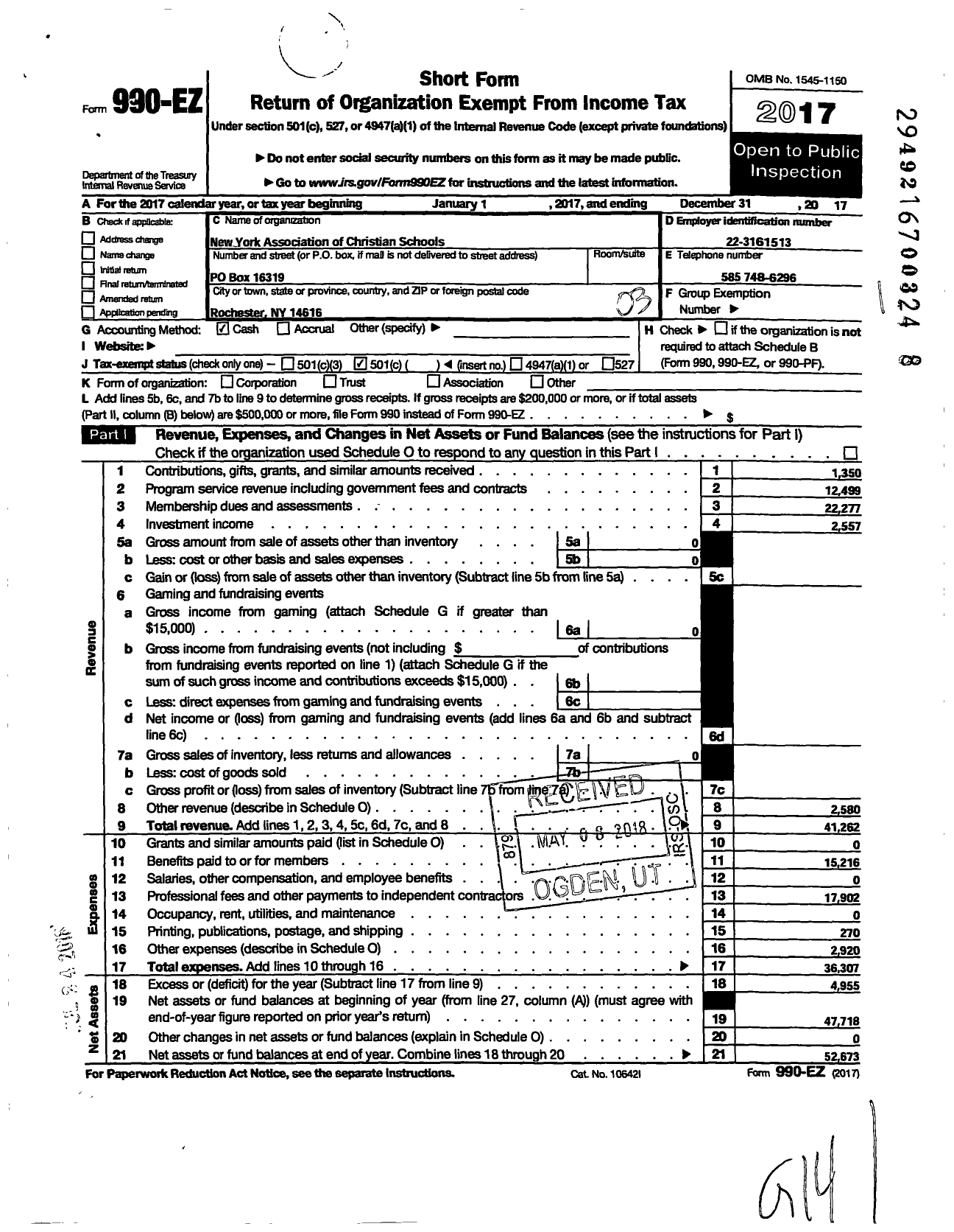 Image of first page of 2017 Form 990EZ for New York Association of Christian Schools