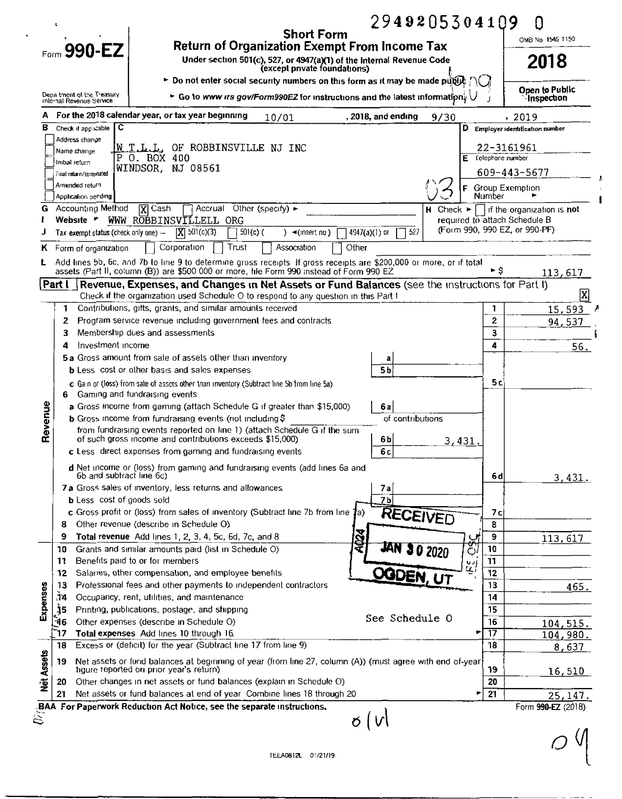 Image of first page of 2018 Form 990EZ for Little League Baseball - 2301220 Robbinsville LL