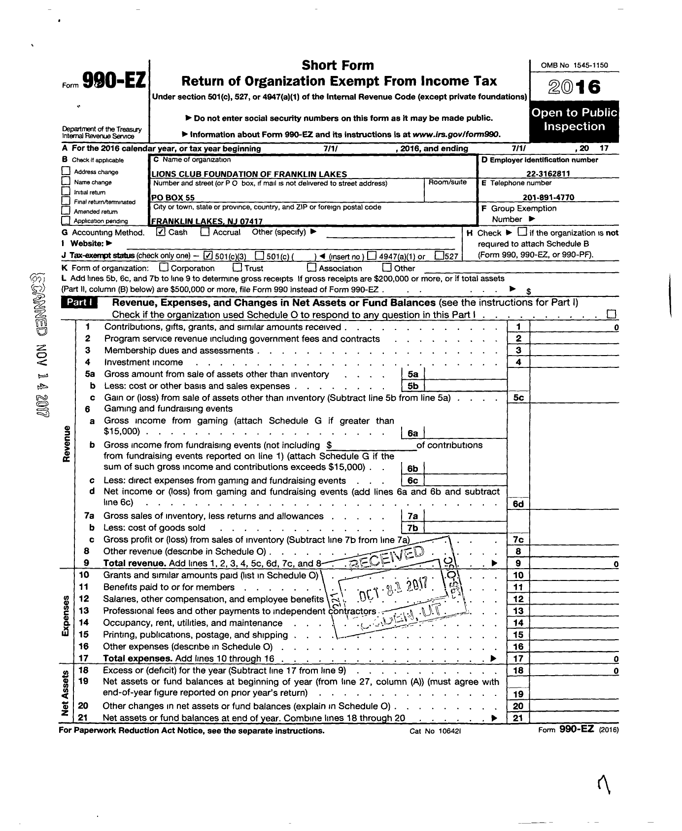 Image of first page of 2016 Form 990EZ for Lions Club Foundation of Franklin Lakes