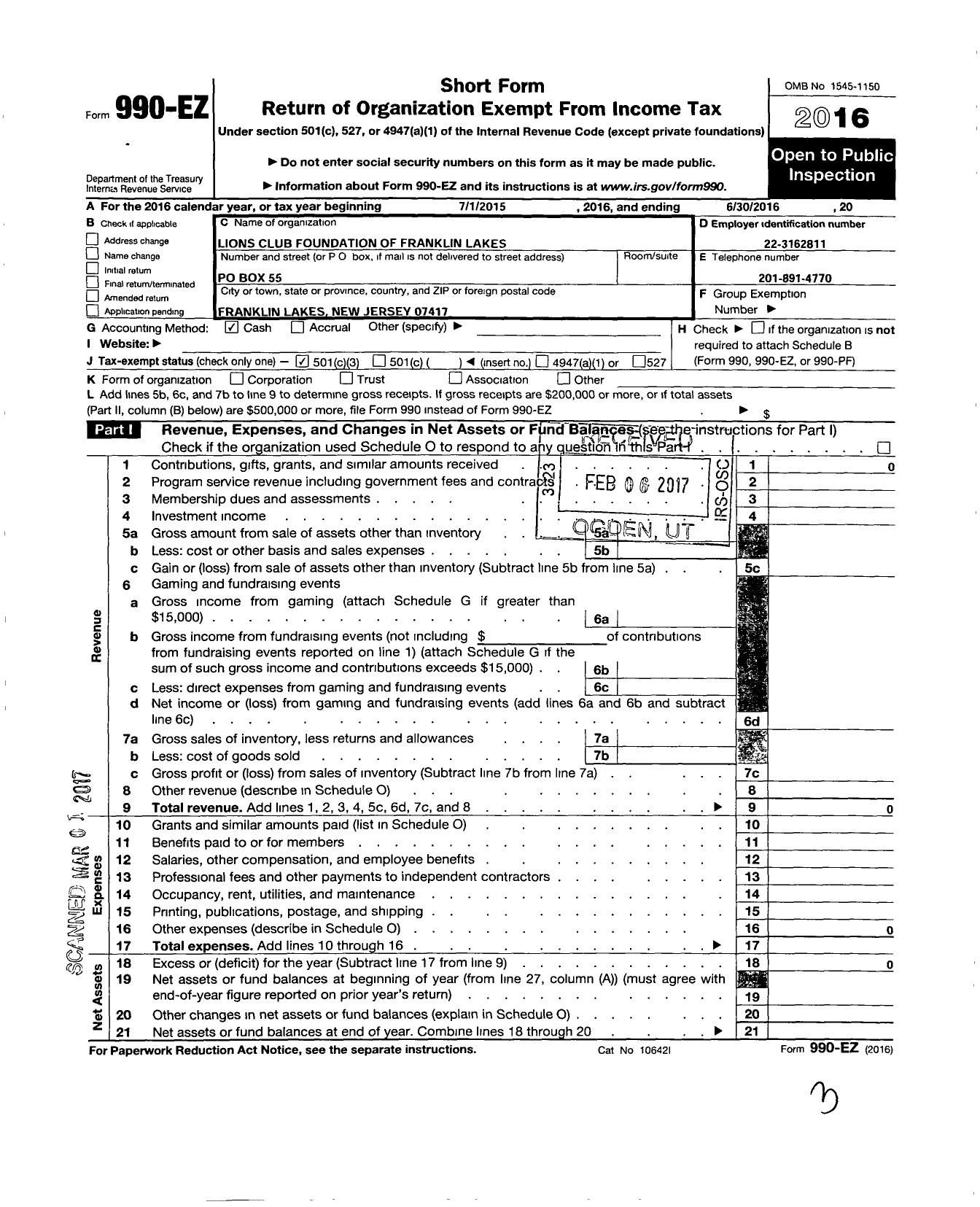 Image of first page of 2015 Form 990EZ for Lions Club Foundation of Franklin Lakes