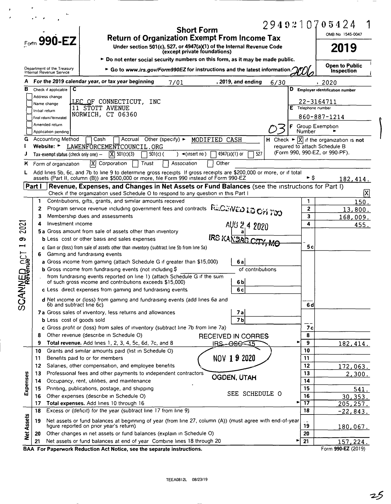 Image of first page of 2019 Form 990EZ for Lec of Connecticut