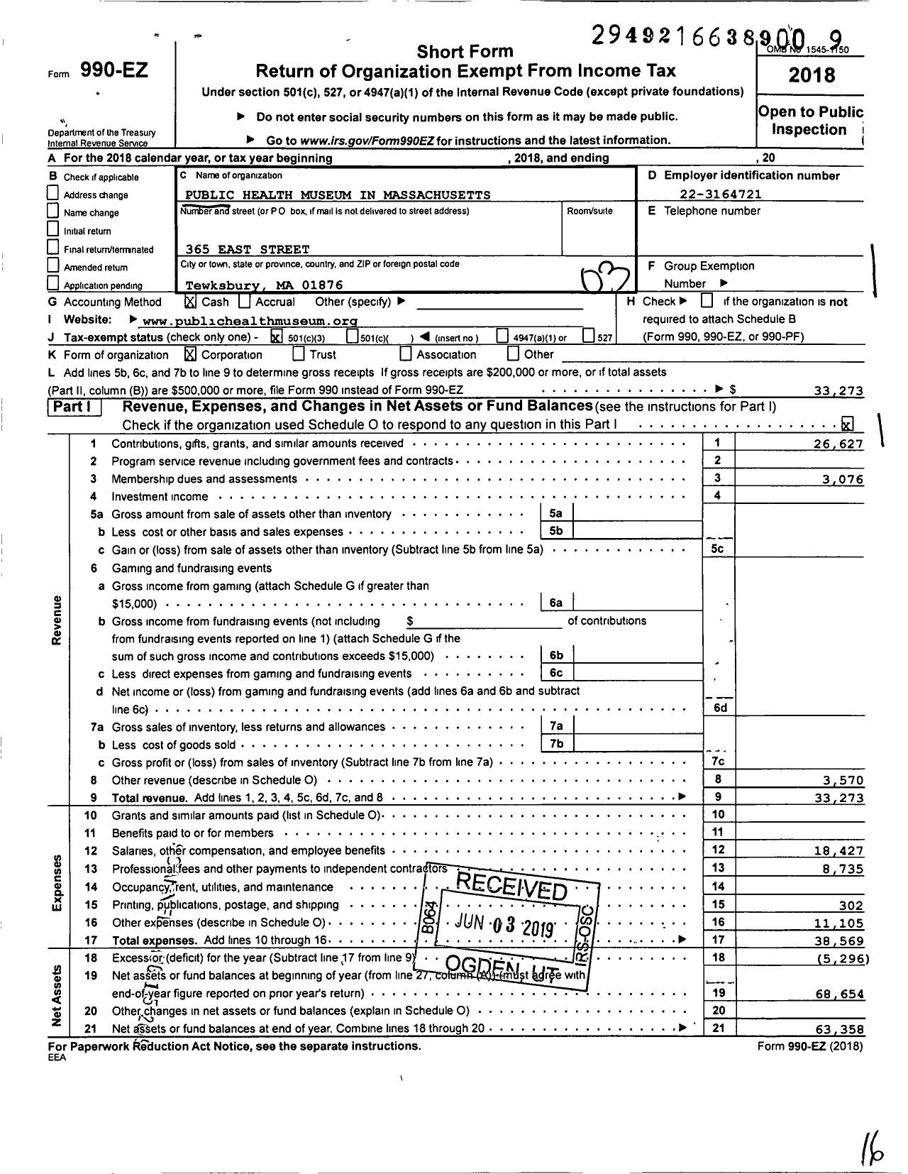 Image of first page of 2018 Form 990EZ for The Public Health Museum in Massachusetts Incorporated