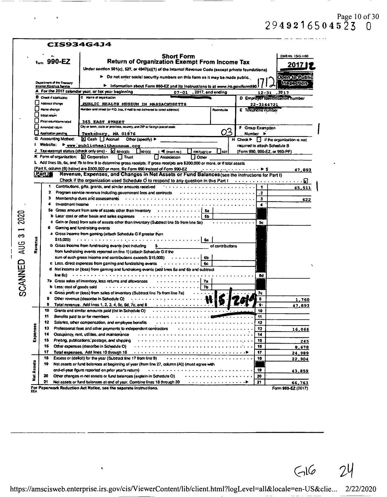 Image of first page of 2017 Form 990EZ for The Public Health Museum in Massachusetts Incorporated