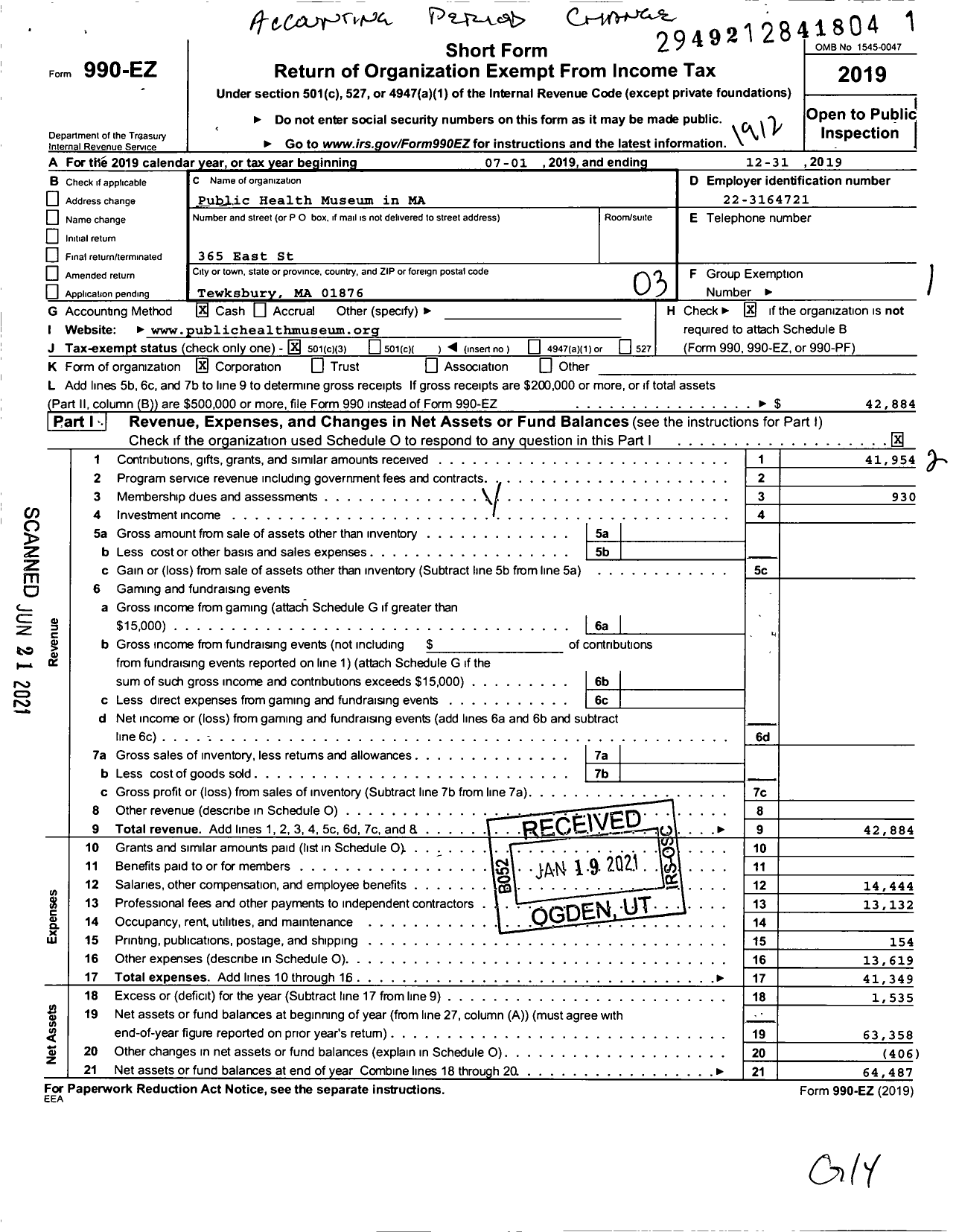 Image of first page of 2019 Form 990EZ for The Public Health Museum in Massachusetts Incorporated