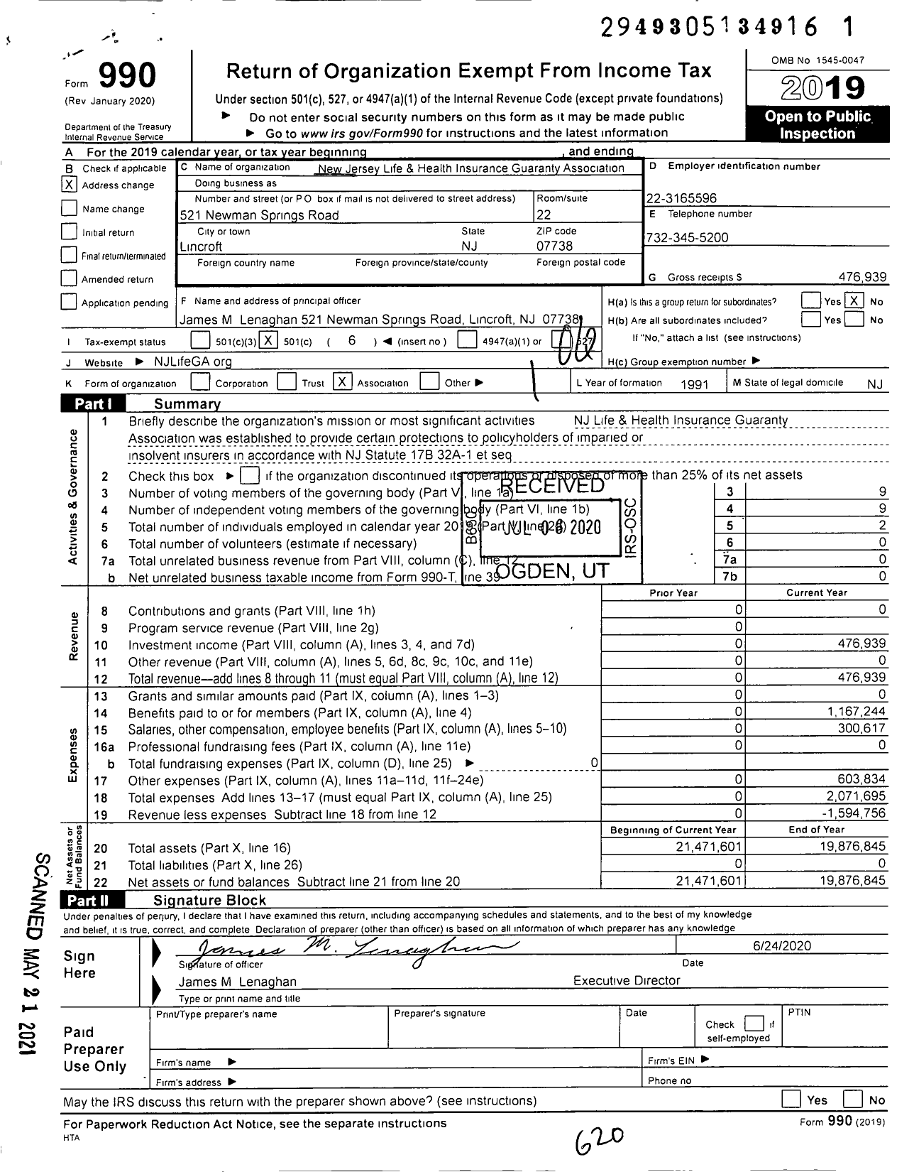 Image of first page of 2019 Form 990O for New Jersey Life and Health Insurance Guaranty Association (NJLHIGA)