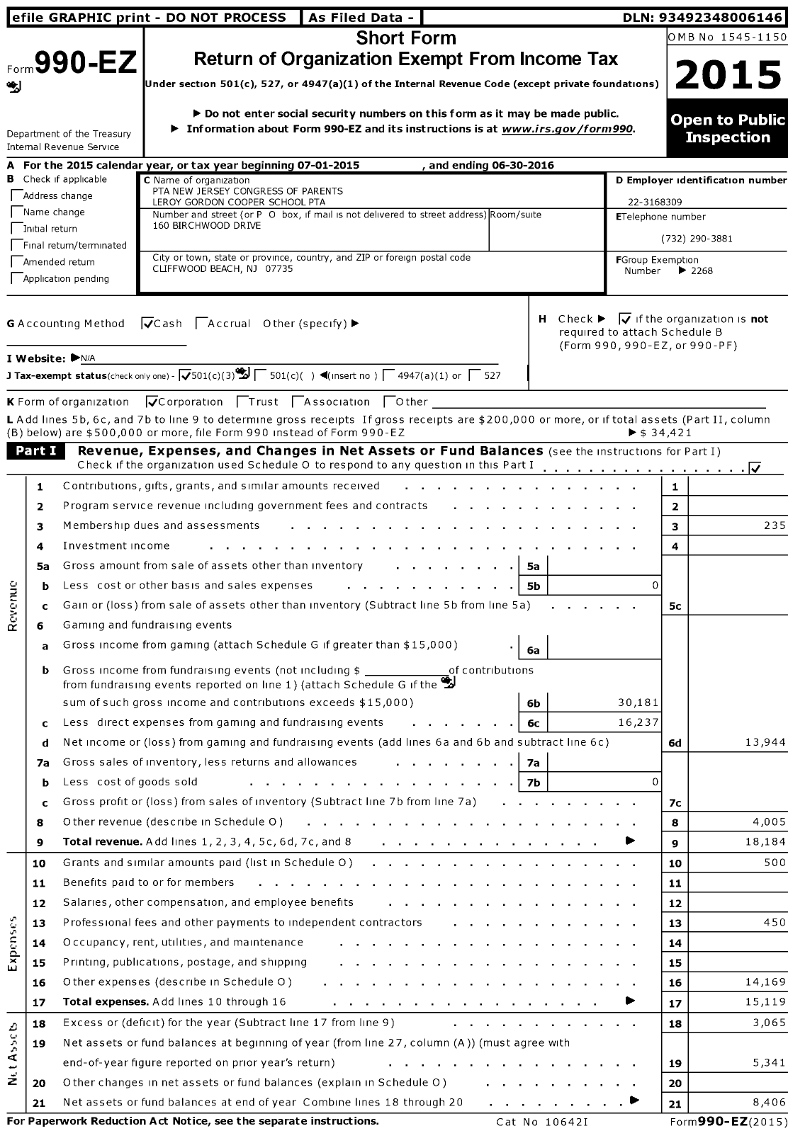 Image of first page of 2015 Form 990EZ for New Jersey PTA - 18849 Leroy Gordon Cooper SCH PTA