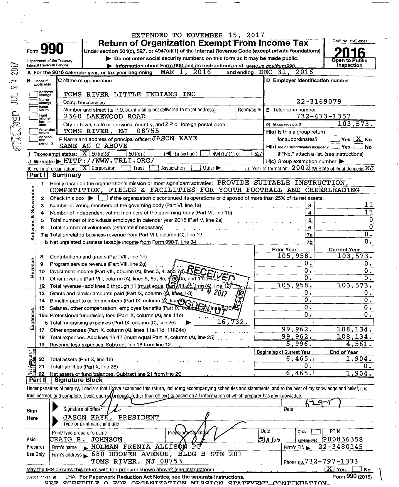 Image of first page of 2016 Form 990 for Toms River Little Indians