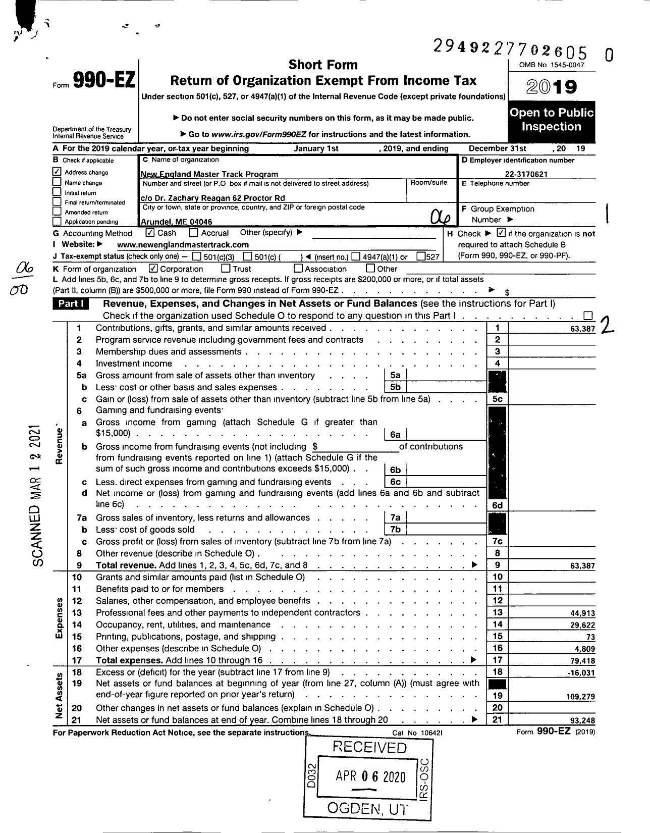 Image of first page of 2019 Form 990EO for New England Master Track Program