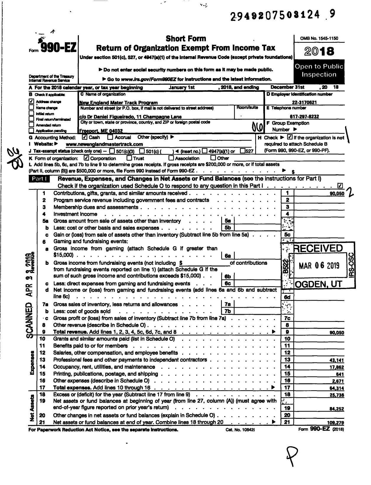 Image of first page of 2018 Form 990EO for New England Master Track Program