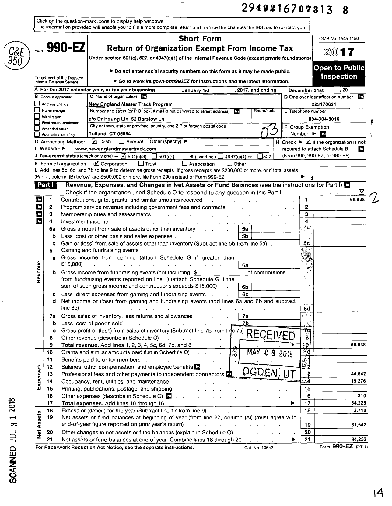 Image of first page of 2017 Form 990EZ for New England Master Track Program