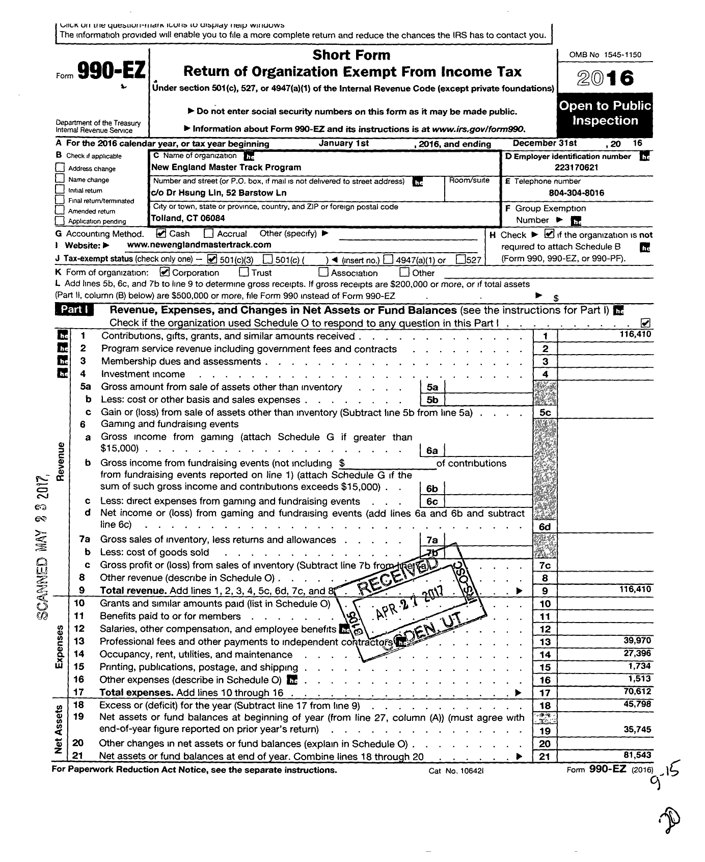 Image of first page of 2016 Form 990EZ for New England Master Track Program