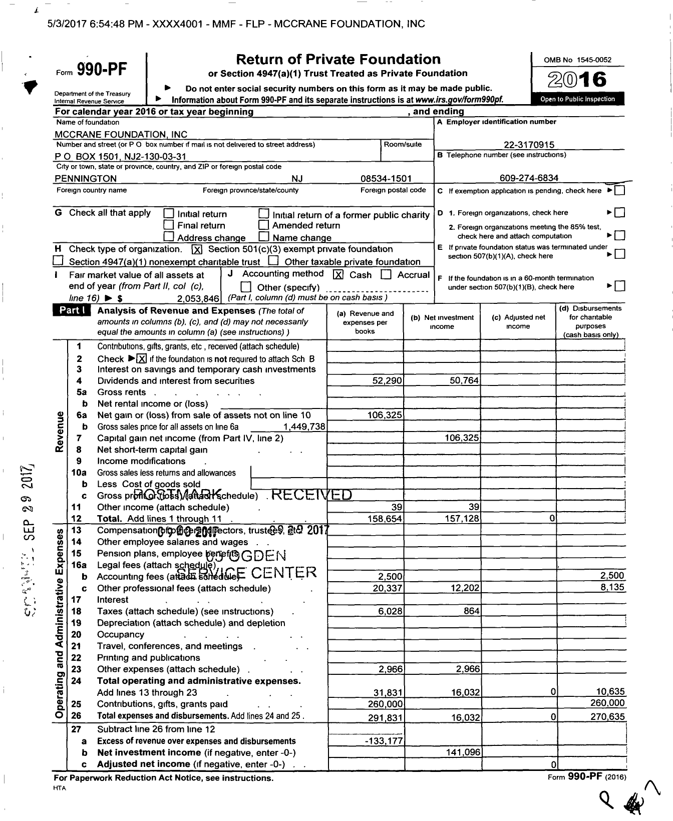 Image of first page of 2016 Form 990PF for Mccrane Foundation